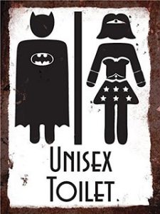 Superhero Bathroom Sign with Batman and Wonder Woman